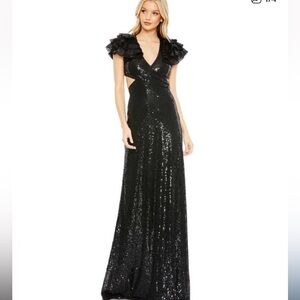 NWT Mac Duggal 10829 Ruffle Sleeve Lace up Back-Black Sequin Evening Dress